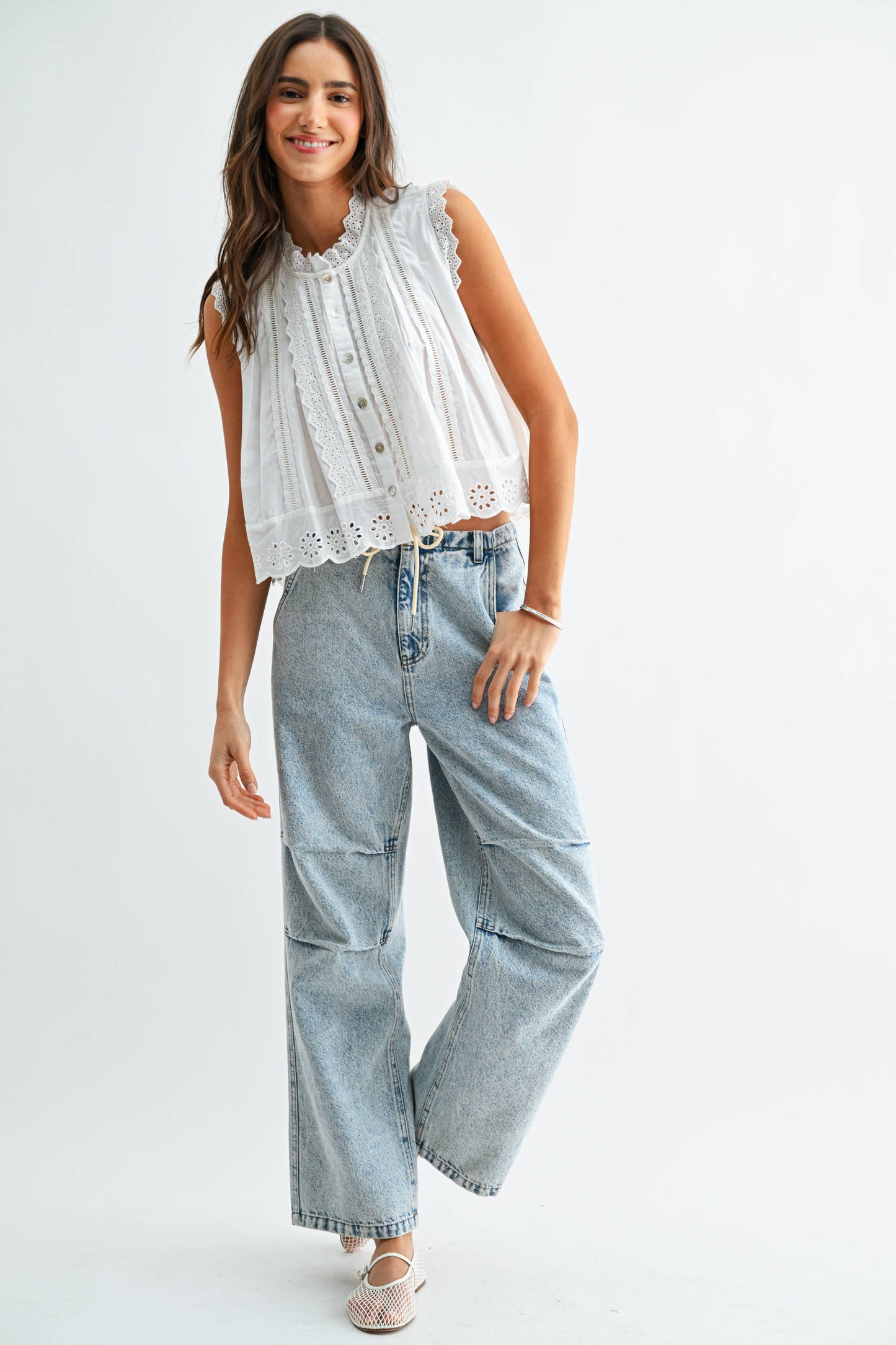 Sleeveless Cotton Eyelet Blouse