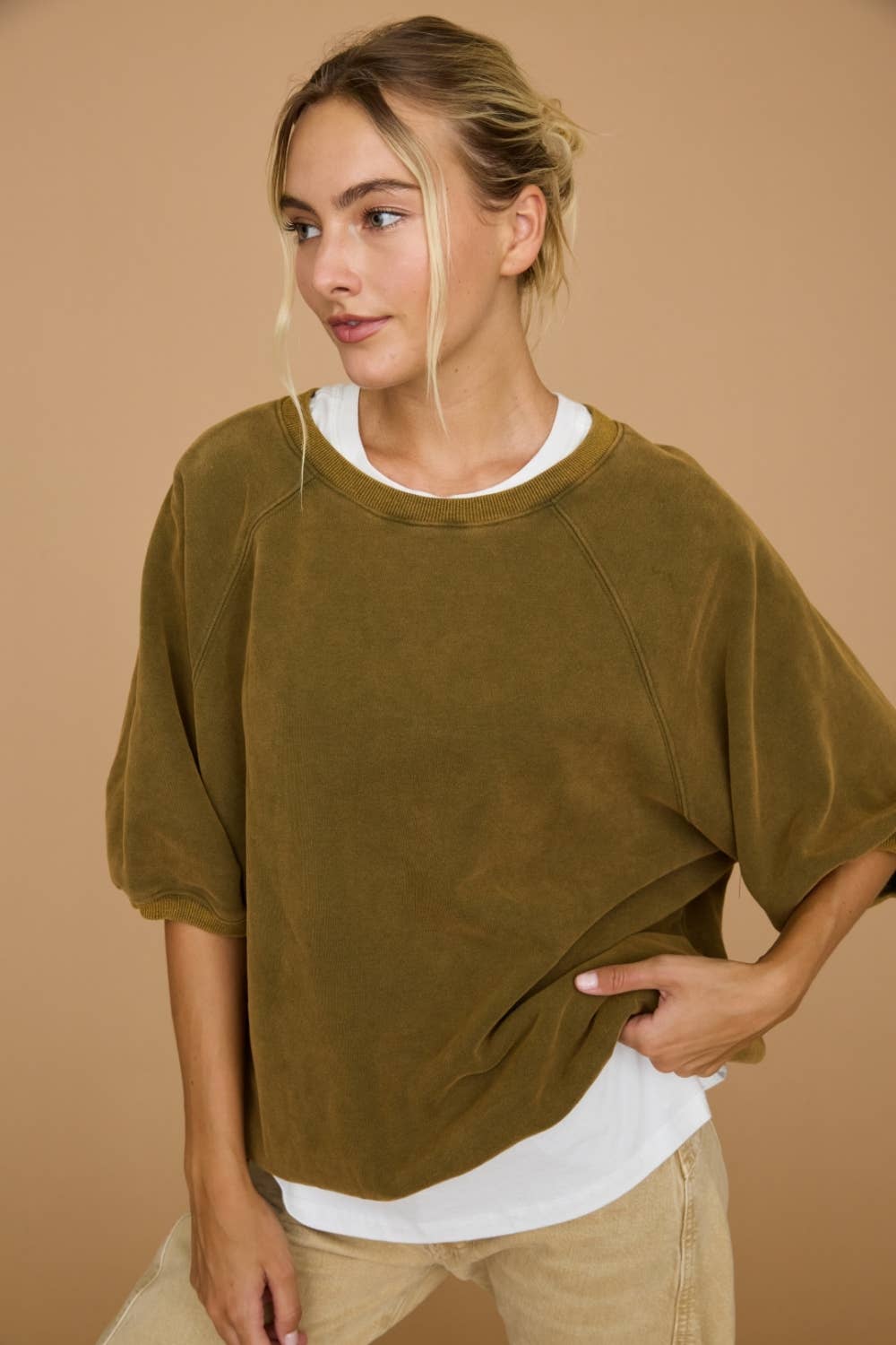 Washed Short Puff Sleeve Pullover Sweatshirt