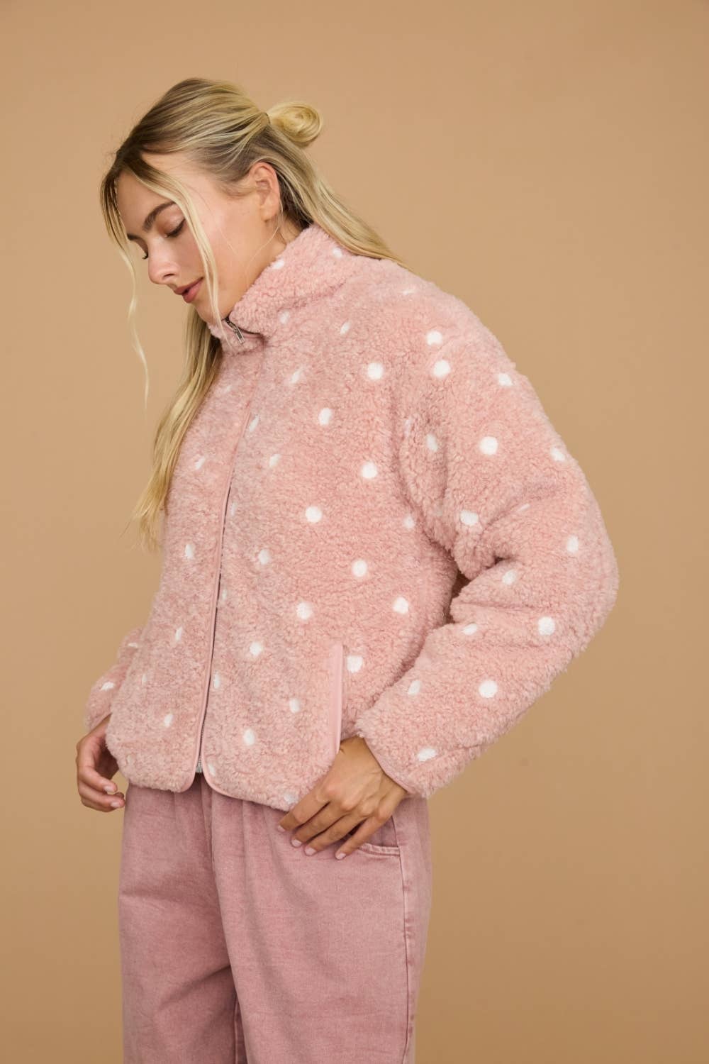 Polka Dot Sherpa Fleece Zip Front Jacket