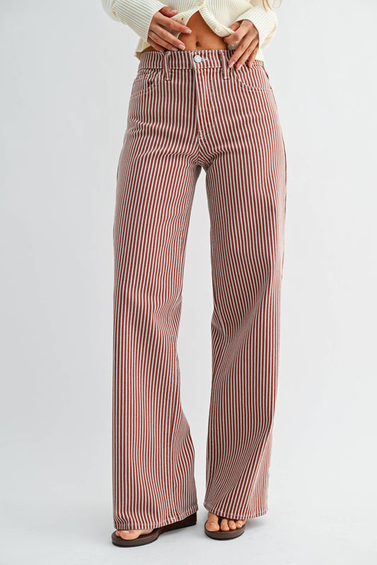 Spice Brown Pinstriped Relaxed Wide Leg Pants