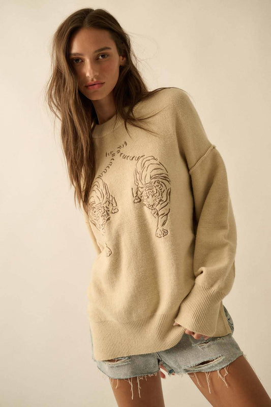 Fierce & Cozy Embroidered Tiger Knit Sweater
