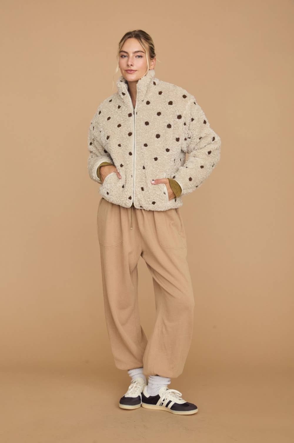 Polka Dot Sherpa Fleece Zip Front Jacket