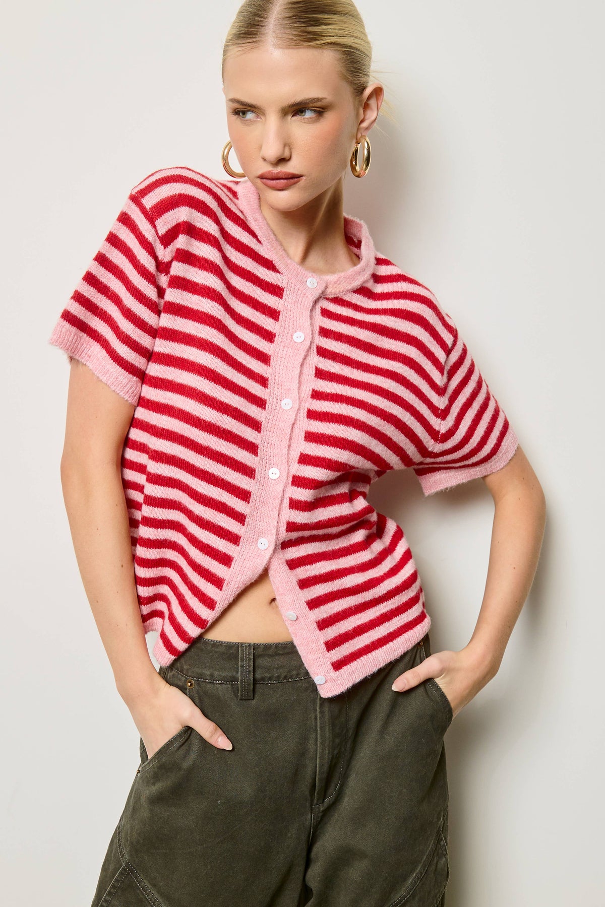 Striped Short Sleeve Knit Cardigan