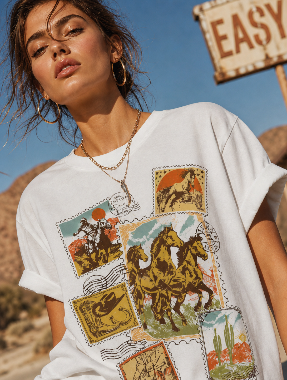 Vintage Western Postage Stamp Graphic T-Shirt
