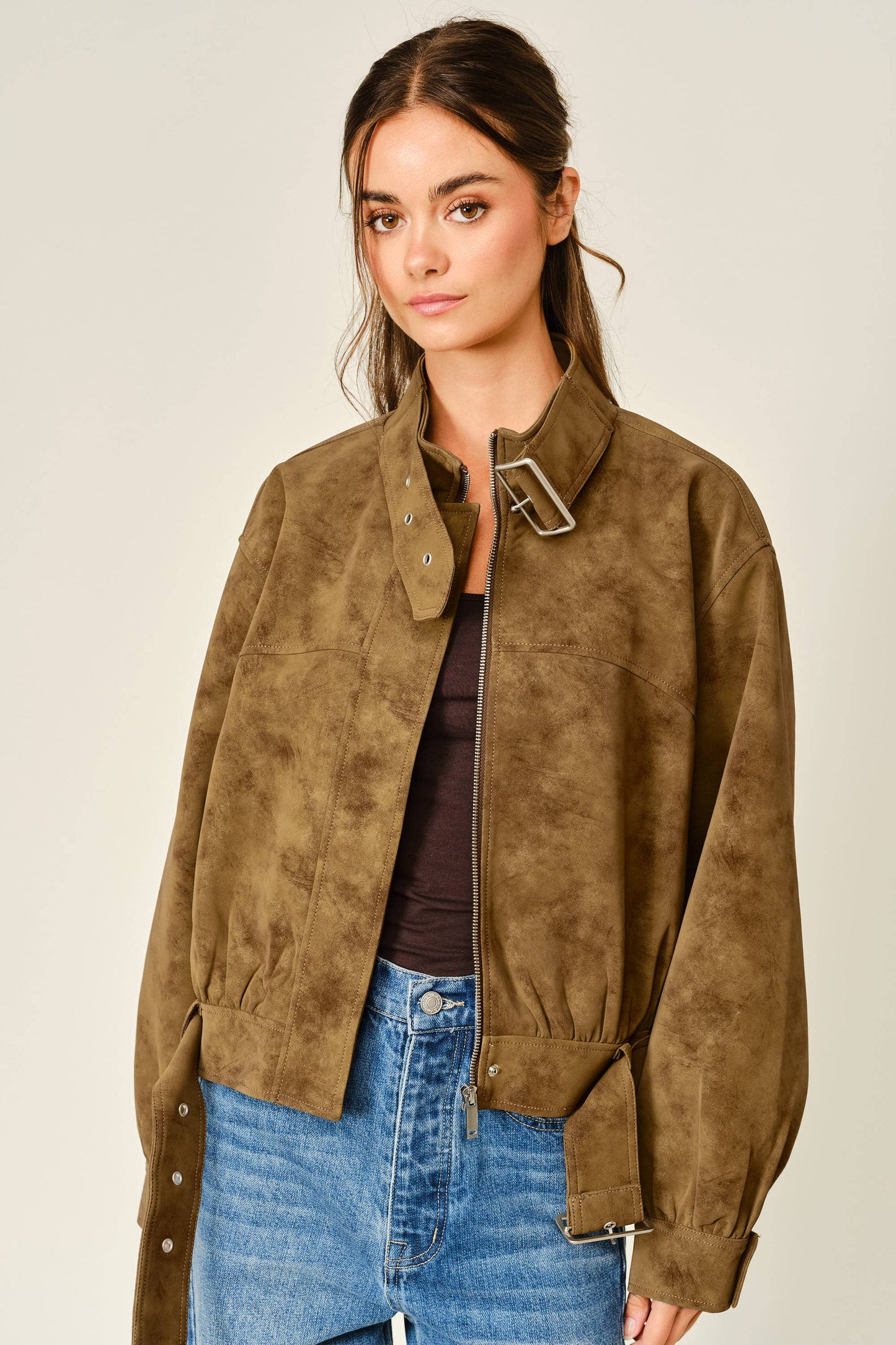 Vintage Vegan Leather Belted Bomber Jacket