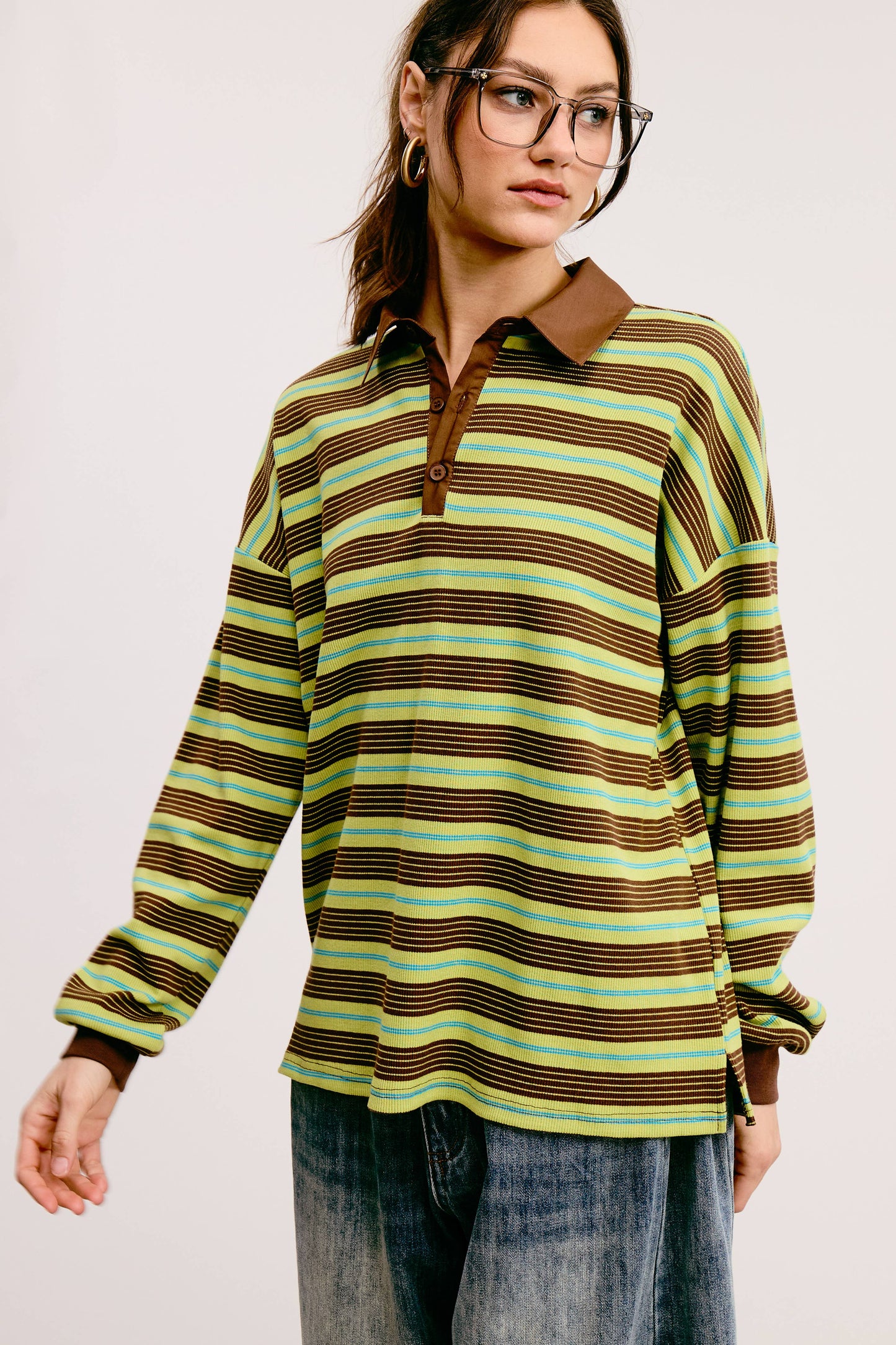 Multicolor Stripe Oversized Long Sleeve Polo Shirt