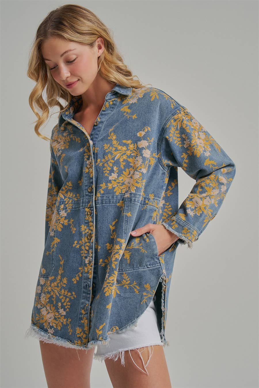 Floral Denim Relaxed Shirt/Jacket with Pockets