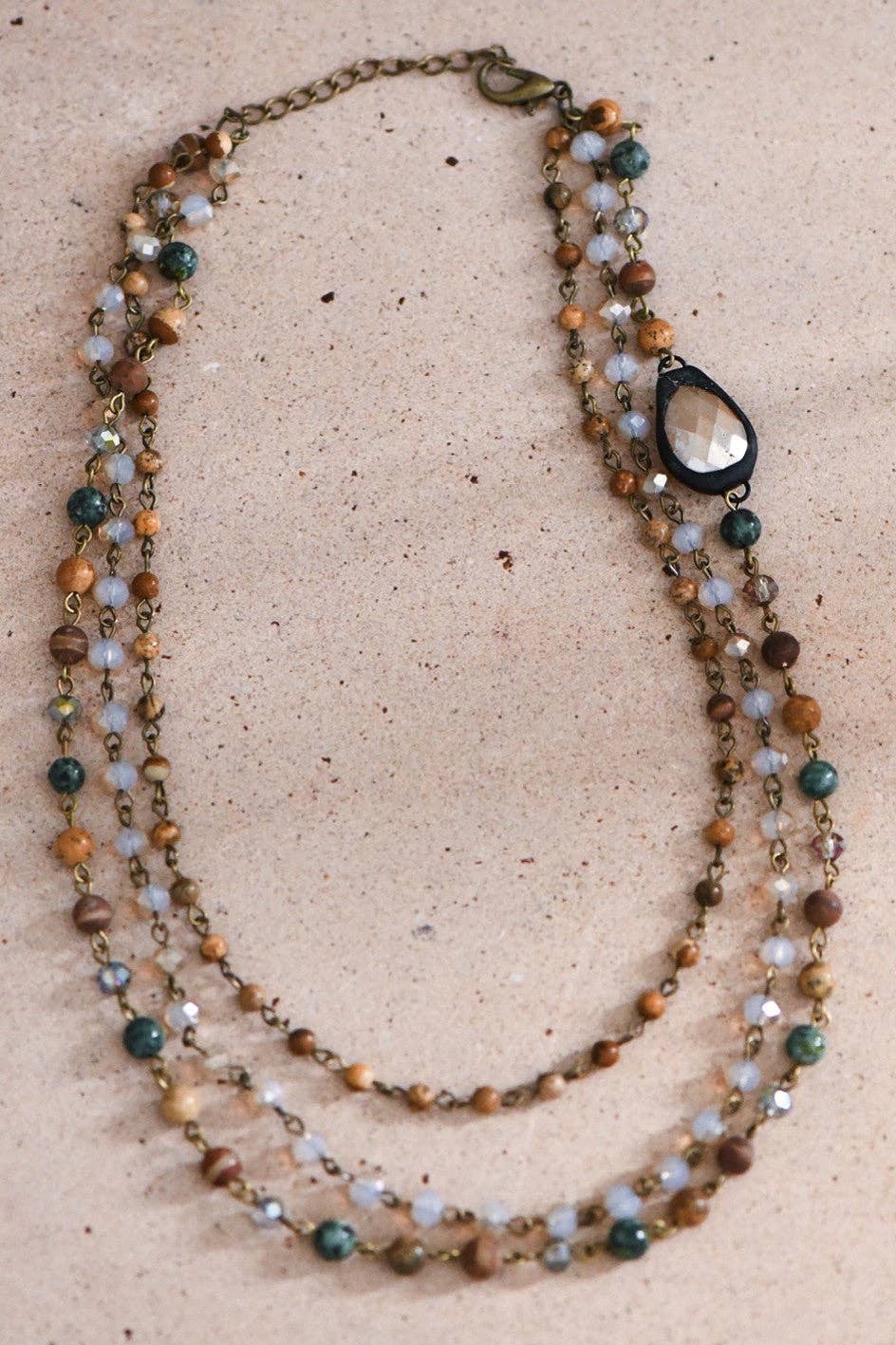 Triple Layered Mixed Glass Bead and Stone Necklace - Natural