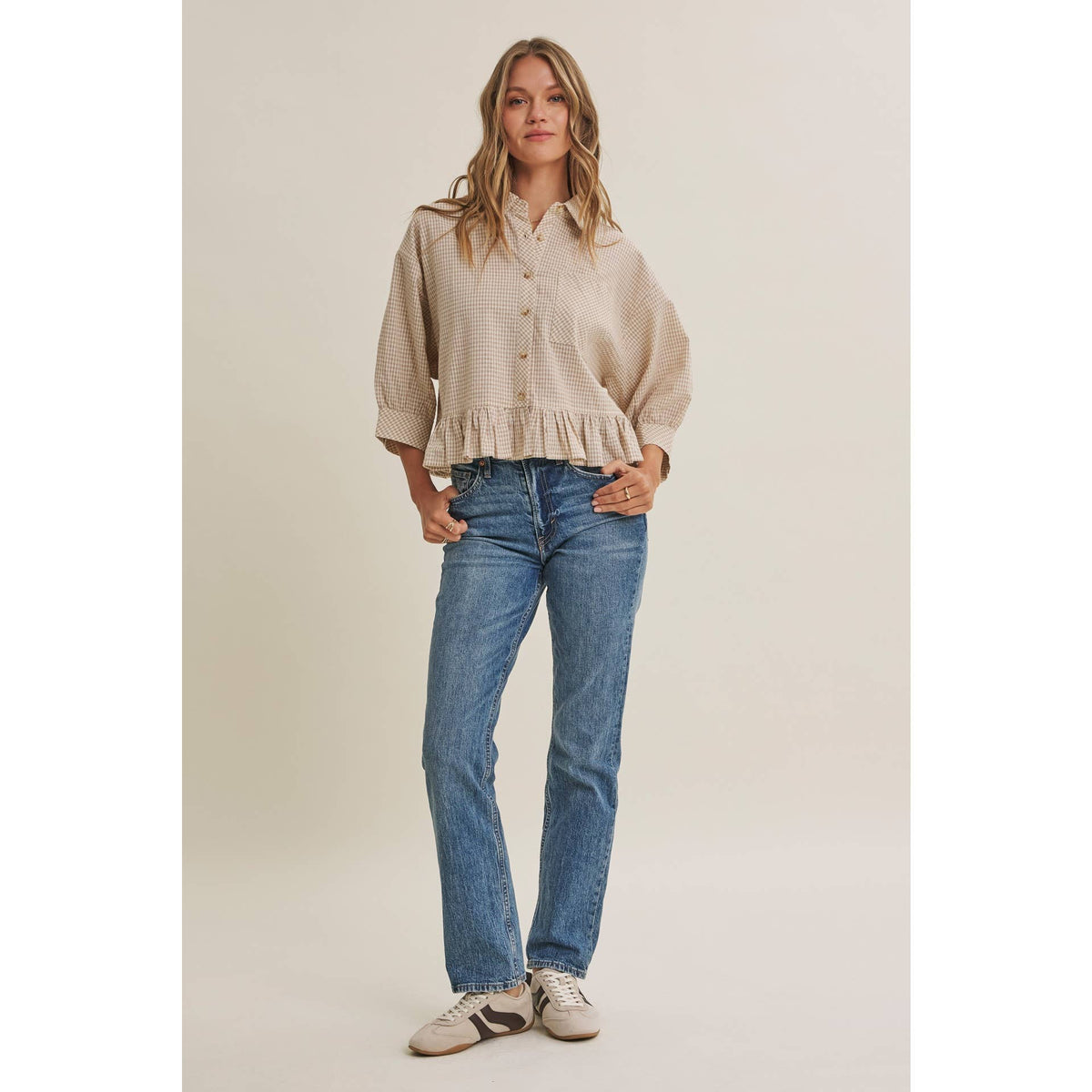 Morning Oat Micro Check Ruffle Hem Button-Down Shirt