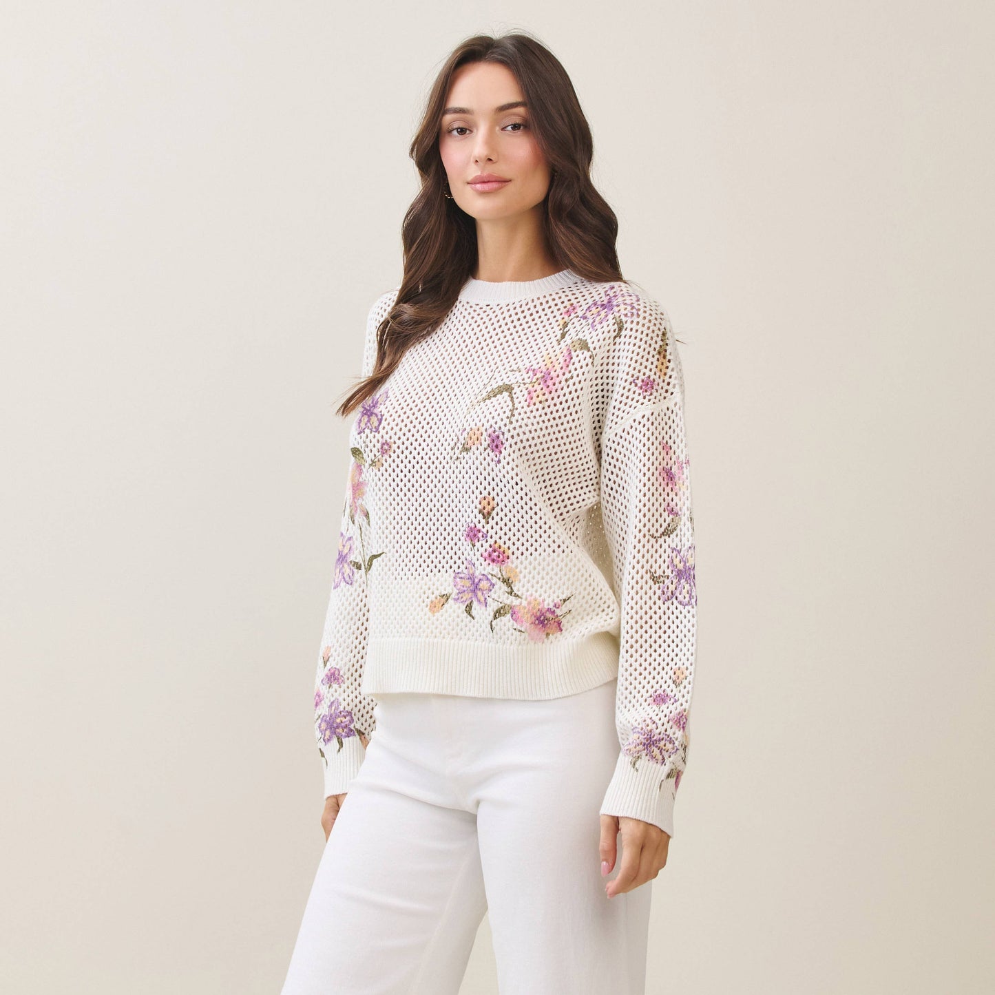 Floral Print Open Knit Sweater
