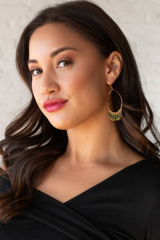 Gold Hoop Earrings with Olive Beads