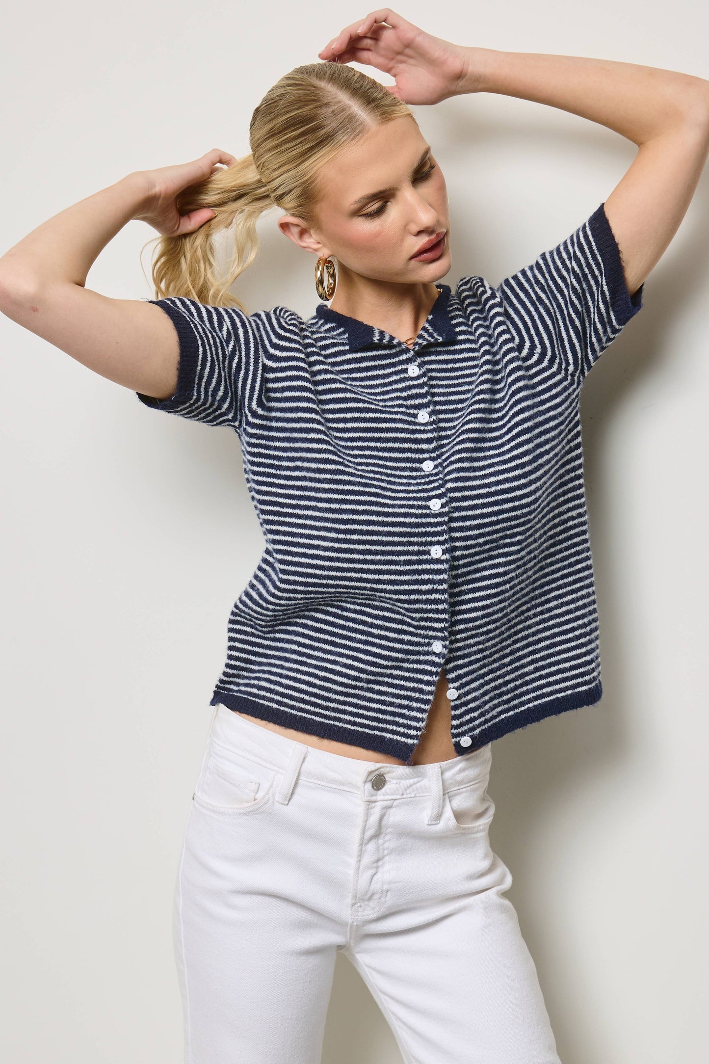 Muse Striped Short Sleeve Button Cardigan