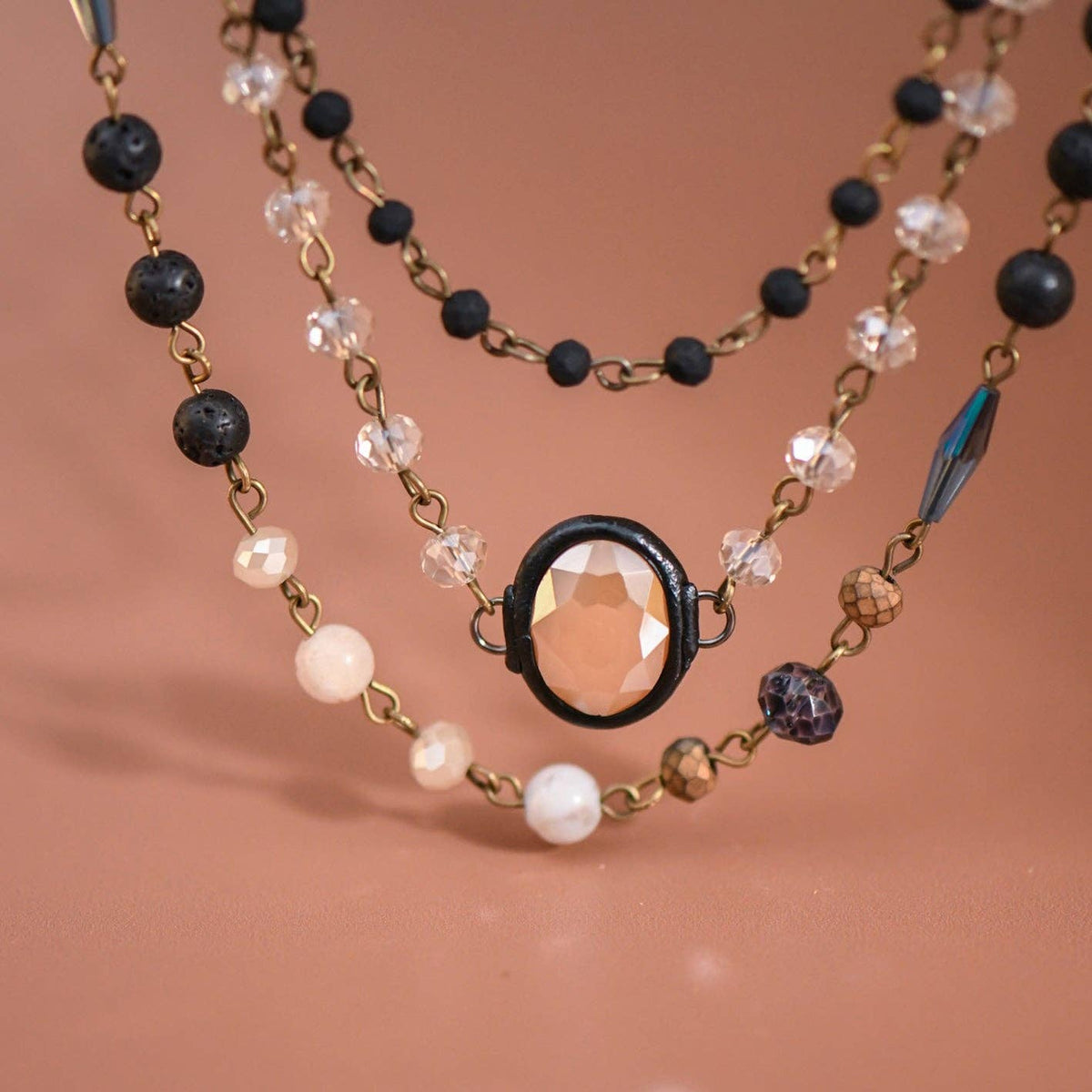 Triple Layered Glass and Stone Necklace