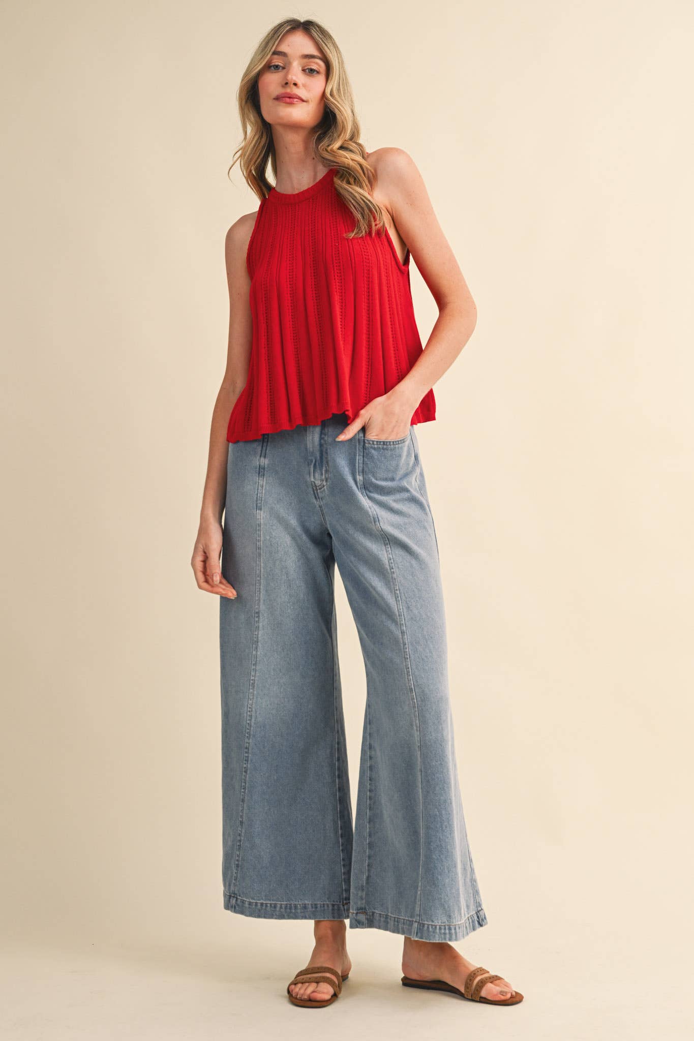 Sleeveless Pointelle Sweater Knit Tank
