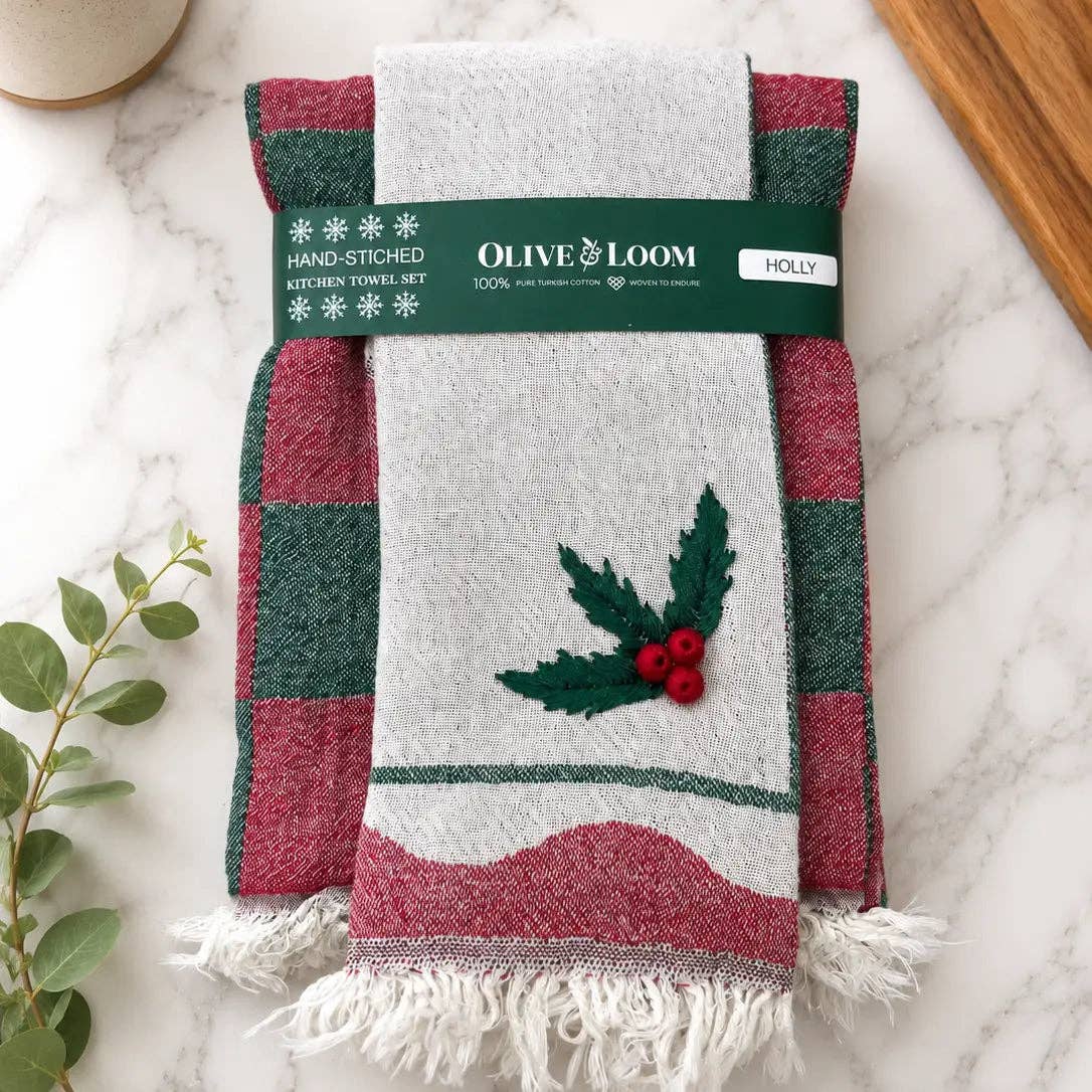 Holly Hand-Stitched Tea Towel Set