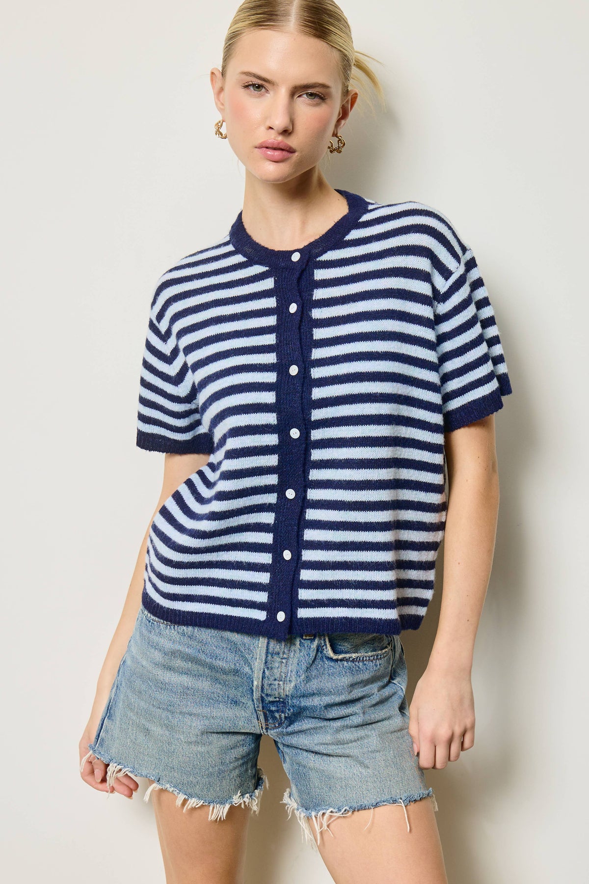 Striped Short Sleeve Knit Cardigan