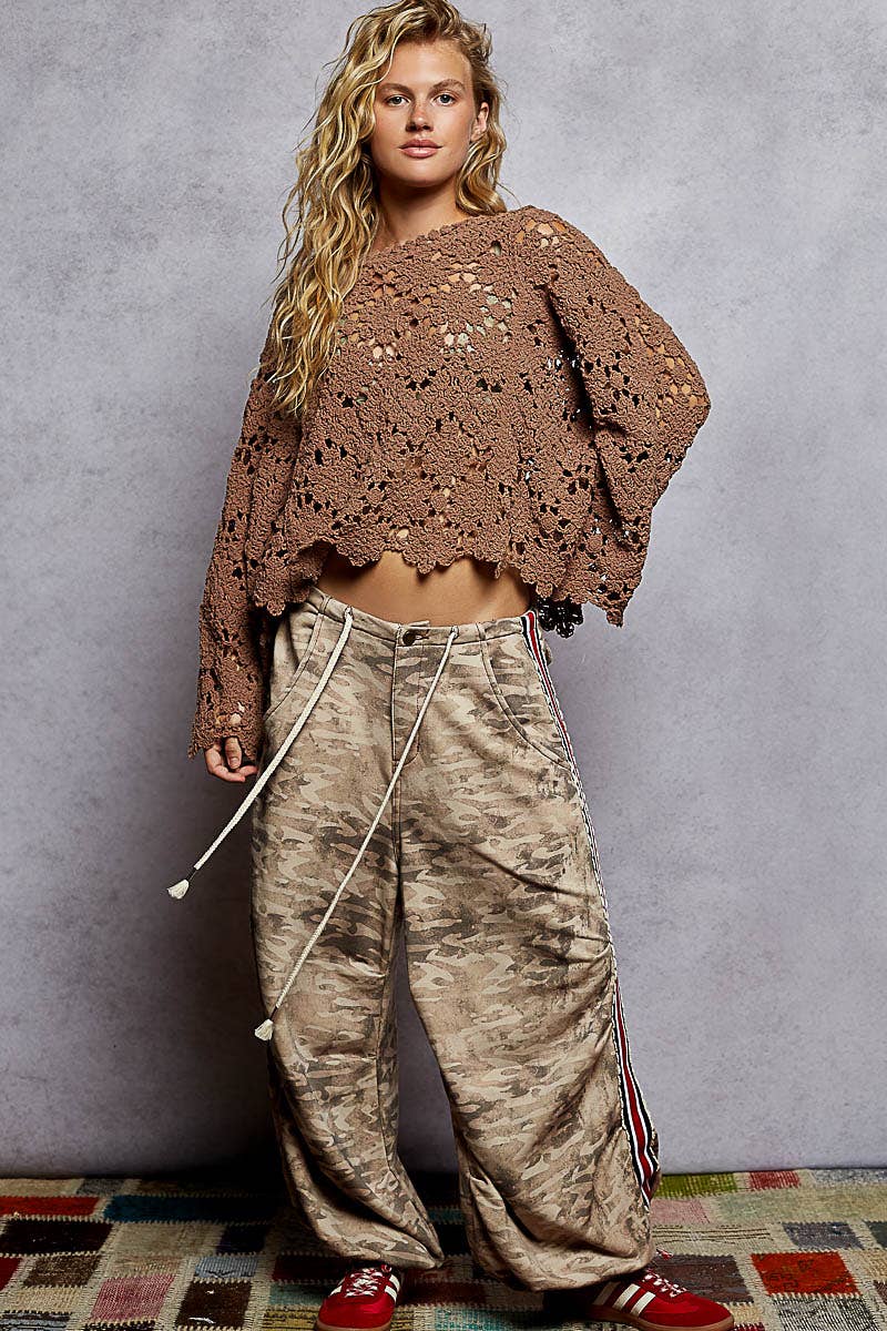 Flare sleeve scalloped edge solid crochet sweater - 2 color options