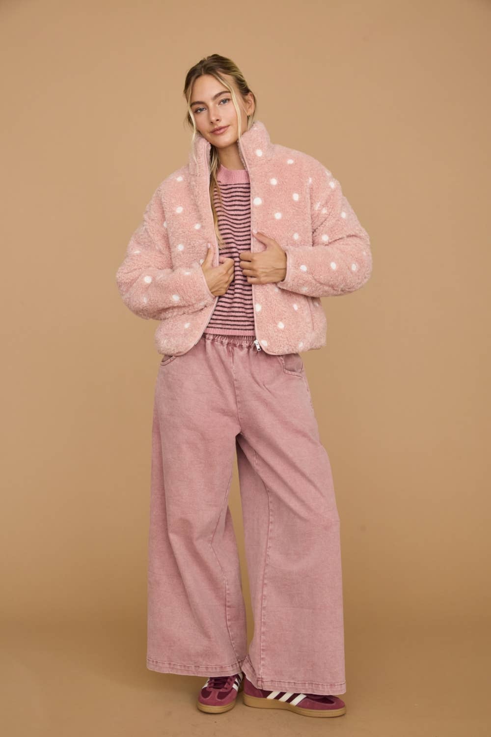 Polka Dot Sherpa Fleece Zip Front Jacket