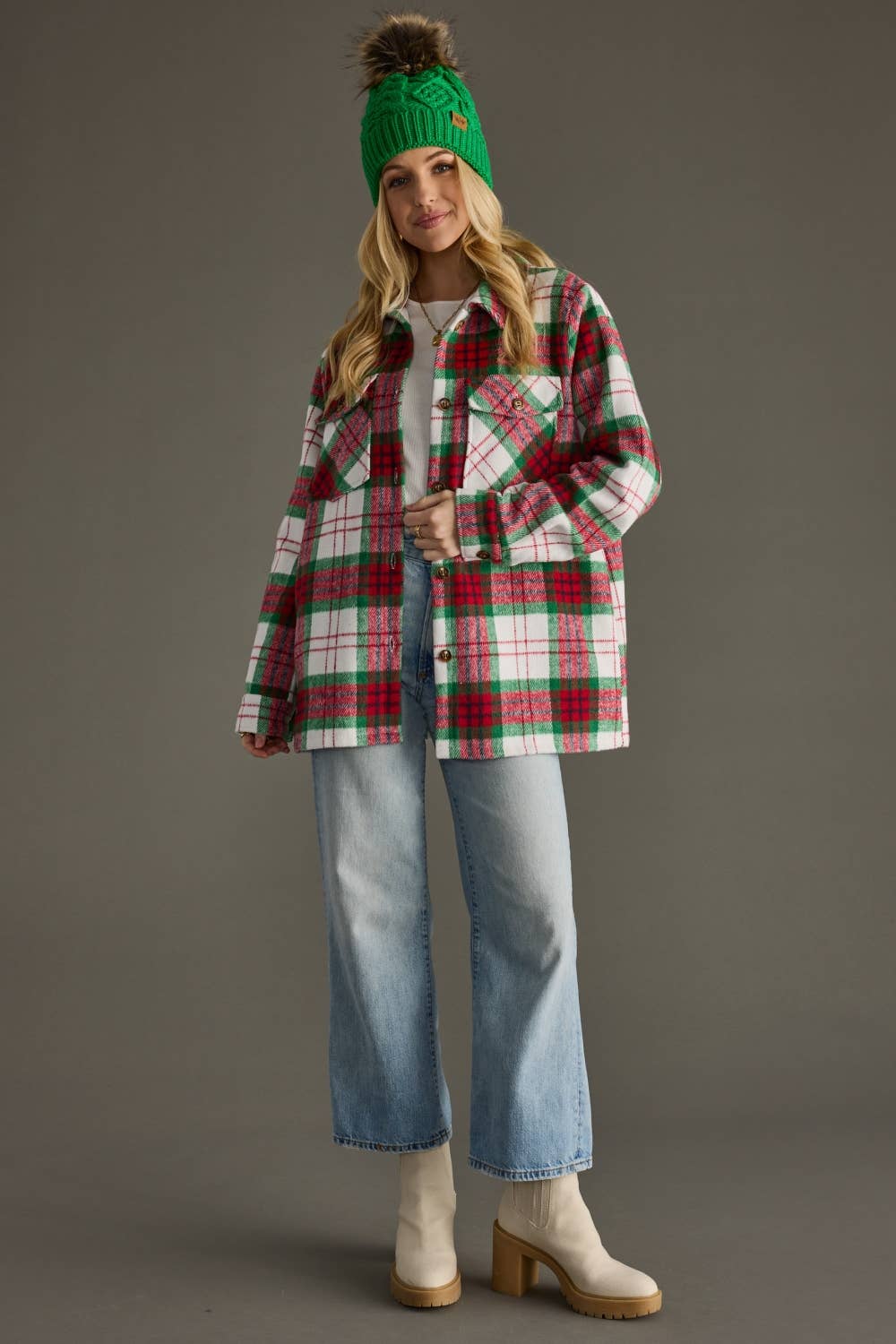 Festive Red, Green &amp; White Plaid Shirt Jacket