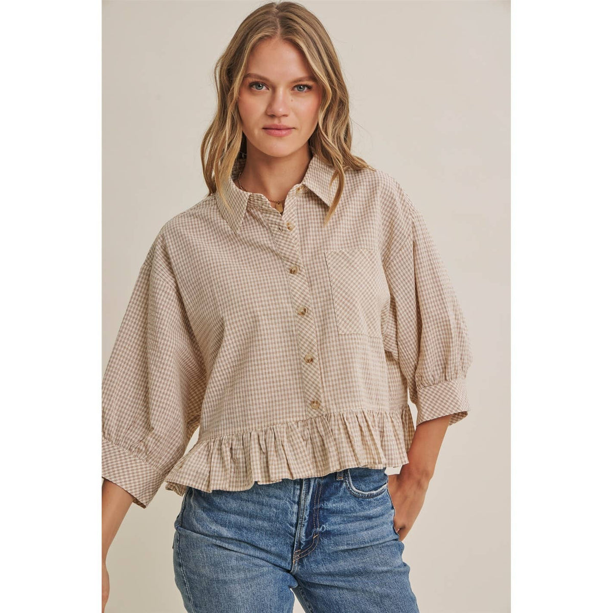 Morning Oat Micro Check Ruffle Hem Button-Down Shirt