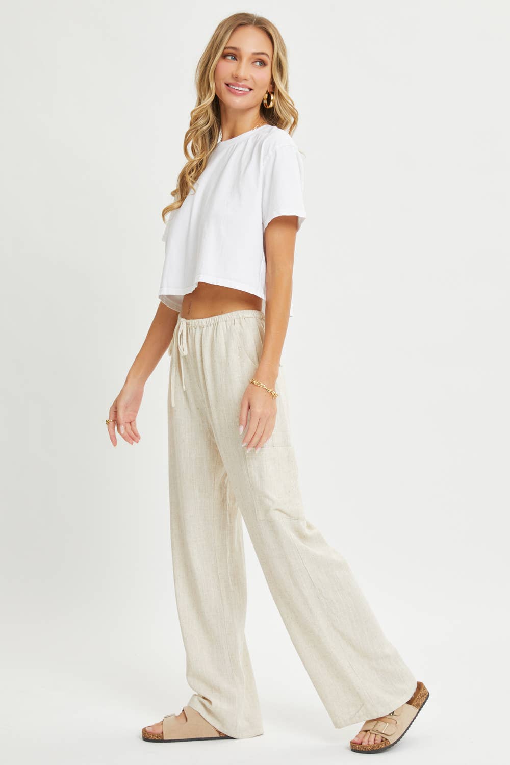 Linen Blend Pull On Drawstring Pants in Oatmeal