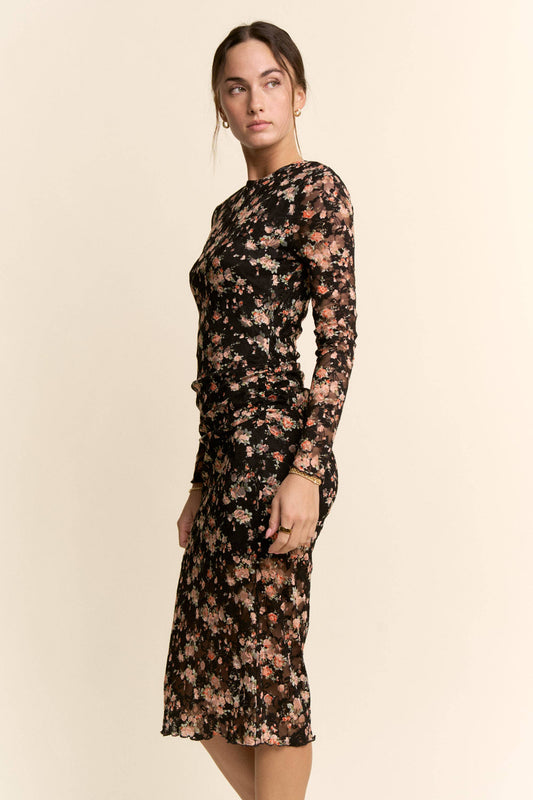 Fall Floral Printed Mesh Long Sleeve Midi Dress