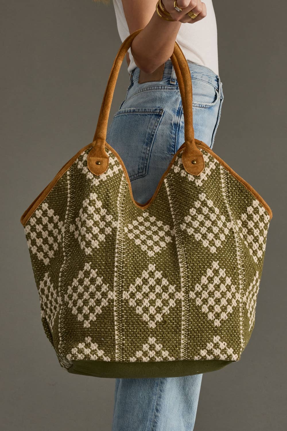 Olive & Cream Diamond Pattern Tote