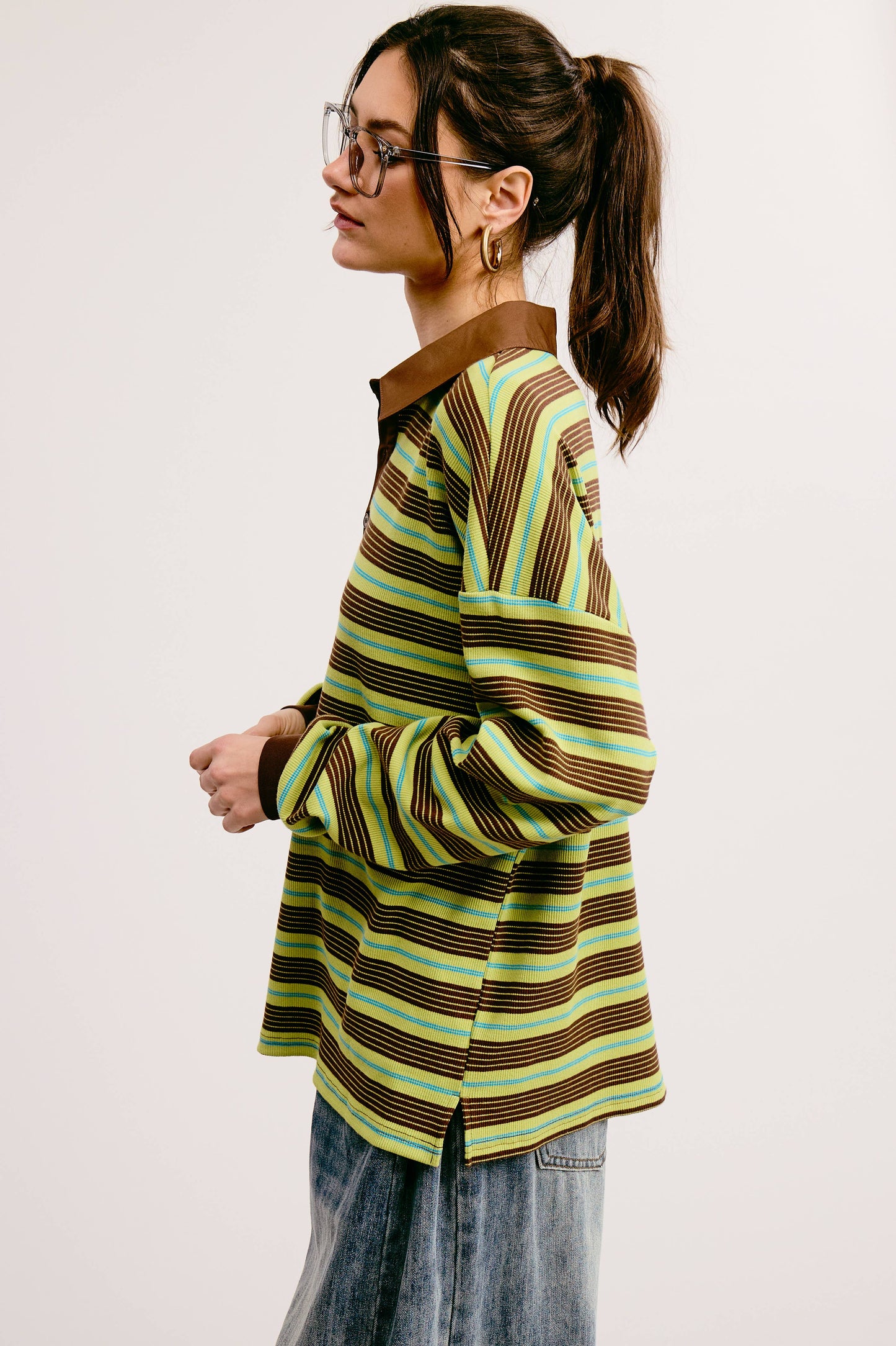 Multicolor Stripe Oversized Long Sleeve Polo Shirt