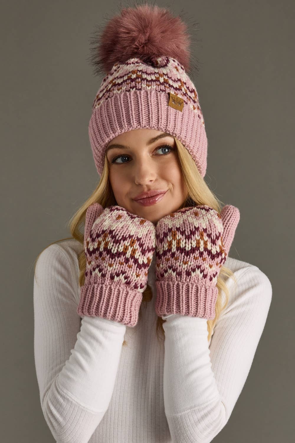 Pink, Ivory & Rust Patterned Mittens