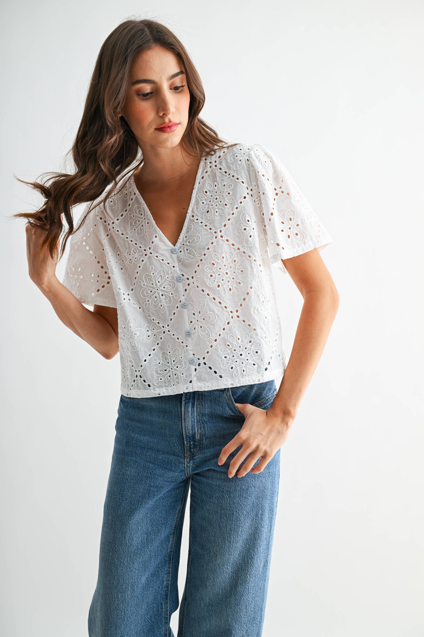 White Broderie Anglaise Short Sleeve Blouse