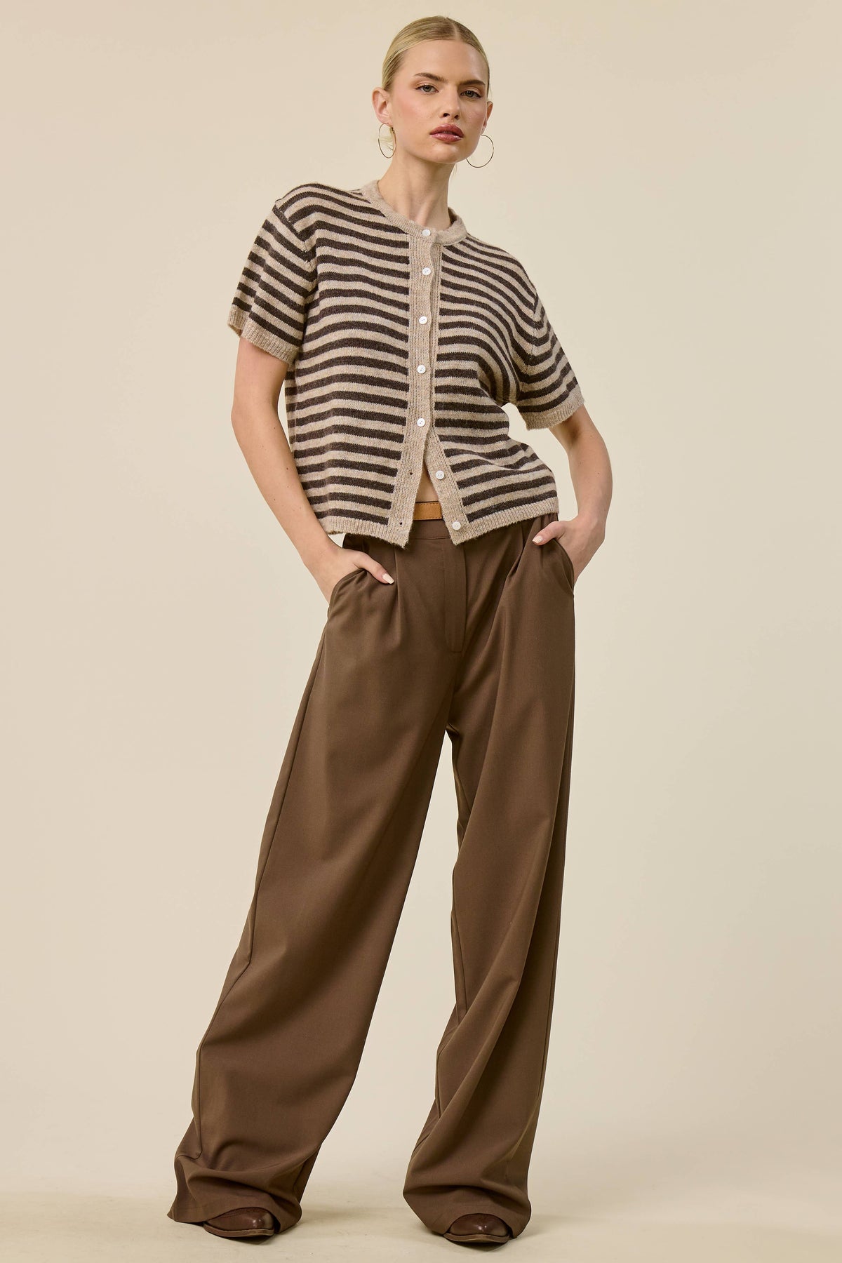 Striped Short Sleeve Knit Cardigan