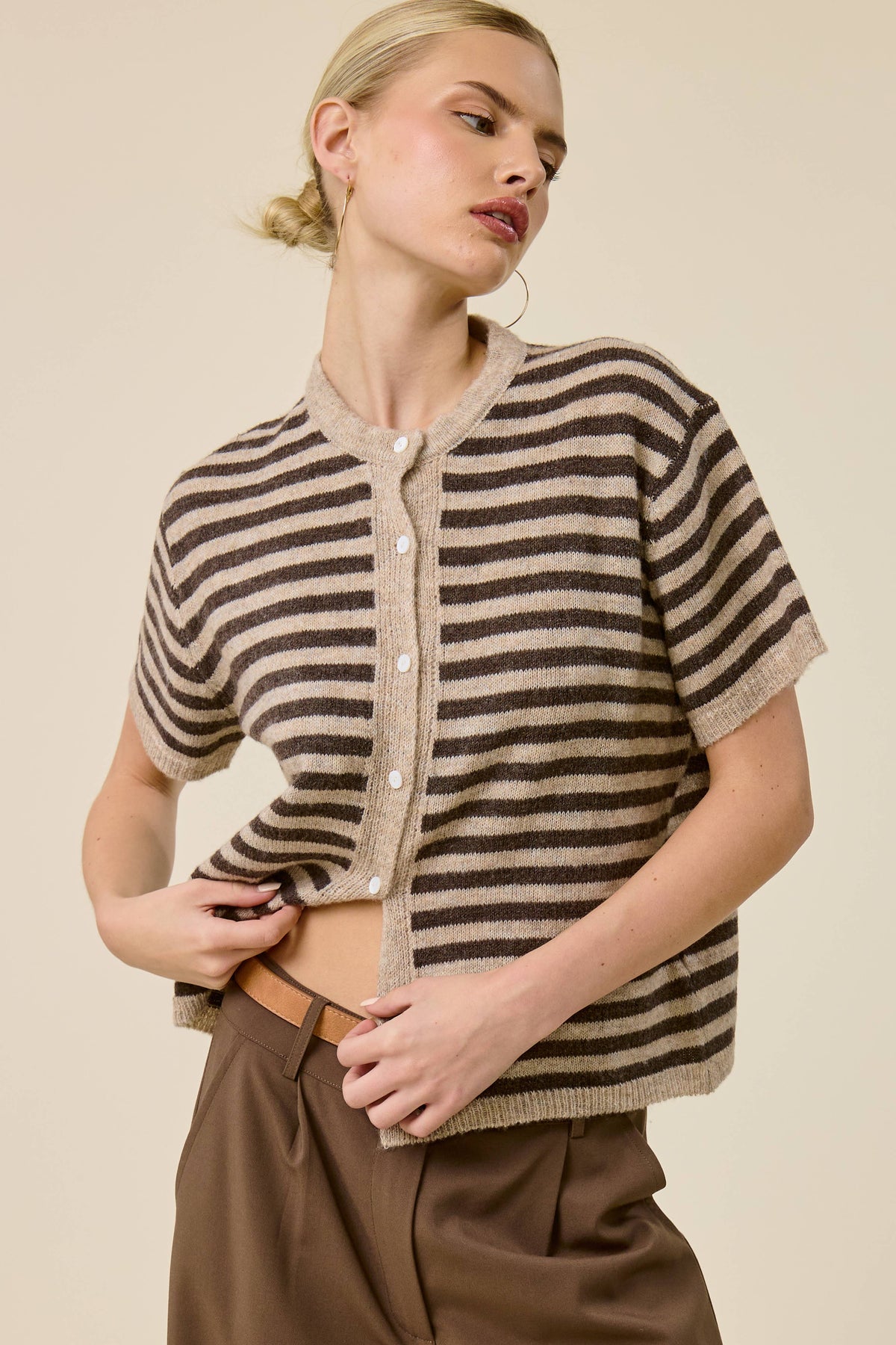 Striped Short Sleeve Knit Cardigan