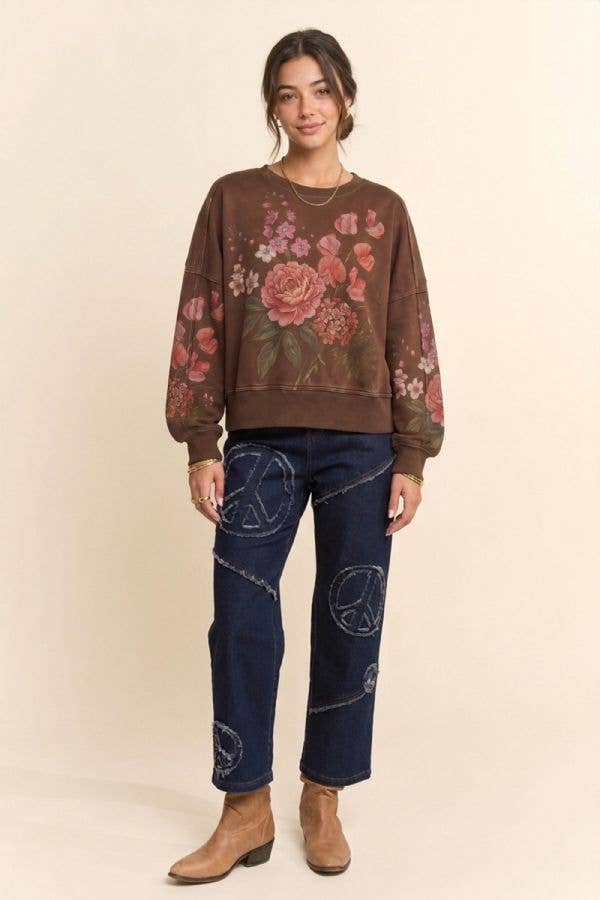 Vintage Botanical Floral Cropped Sweatshirt