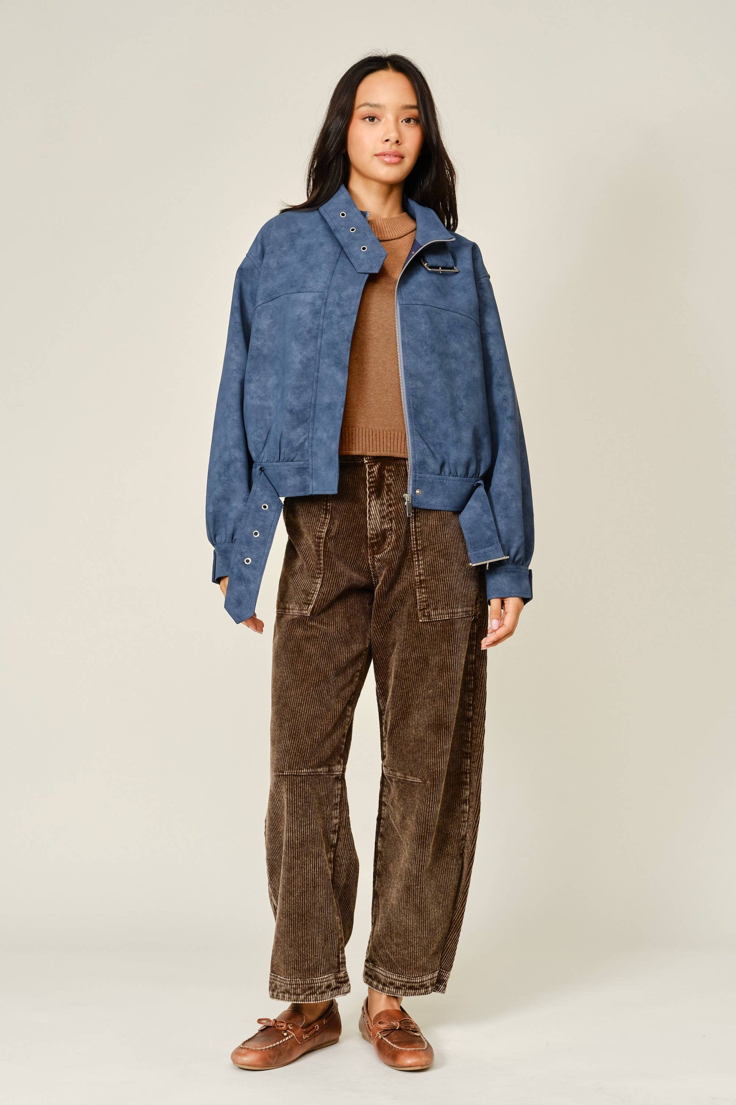 Vintage Vegan Leather Belted Bomber Jacket