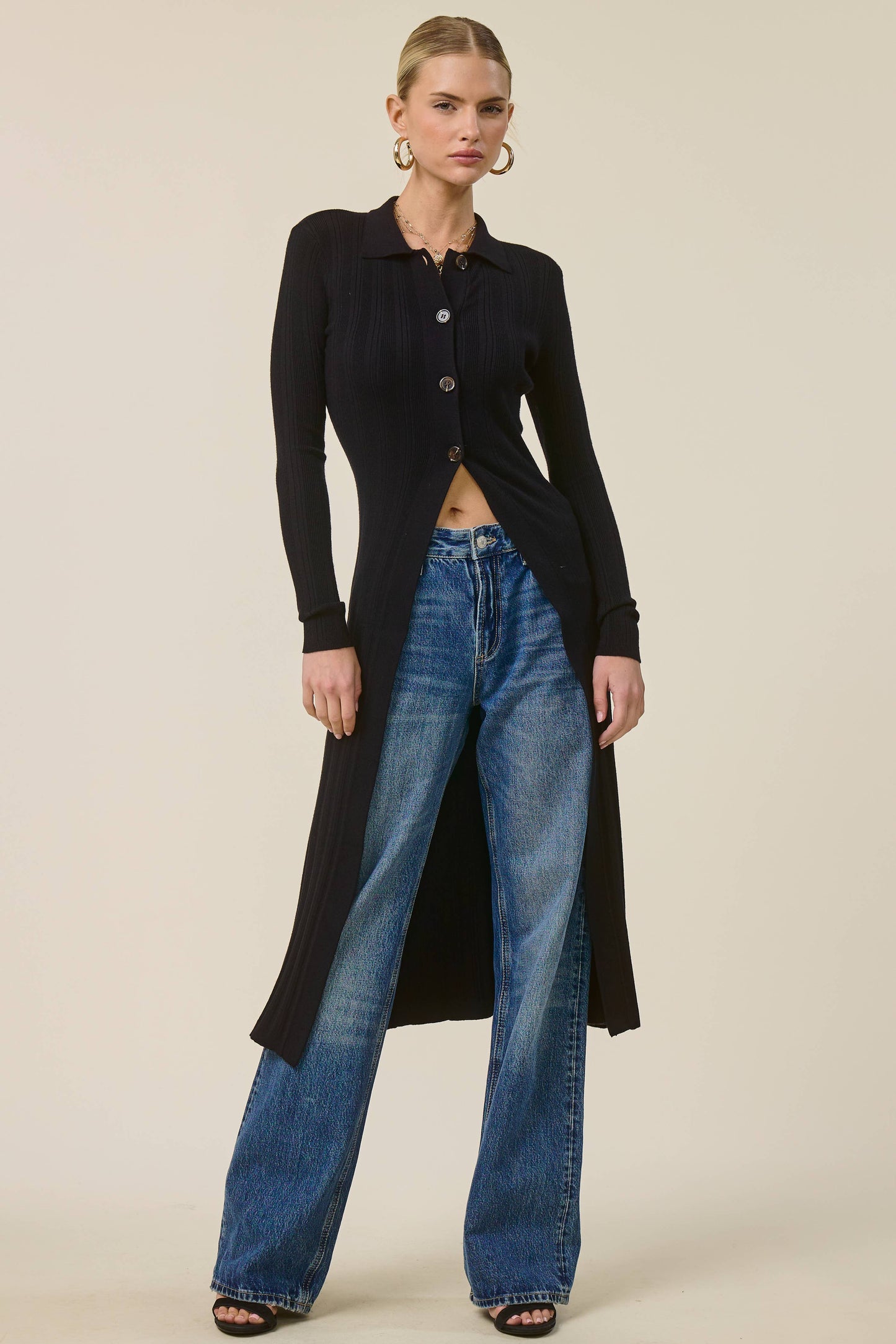 Collared Ribbed Knit Duster Cardigan