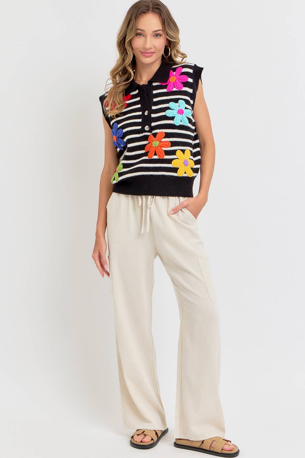 Linen Blend Pull On Drawstring Pants in Oatmeal