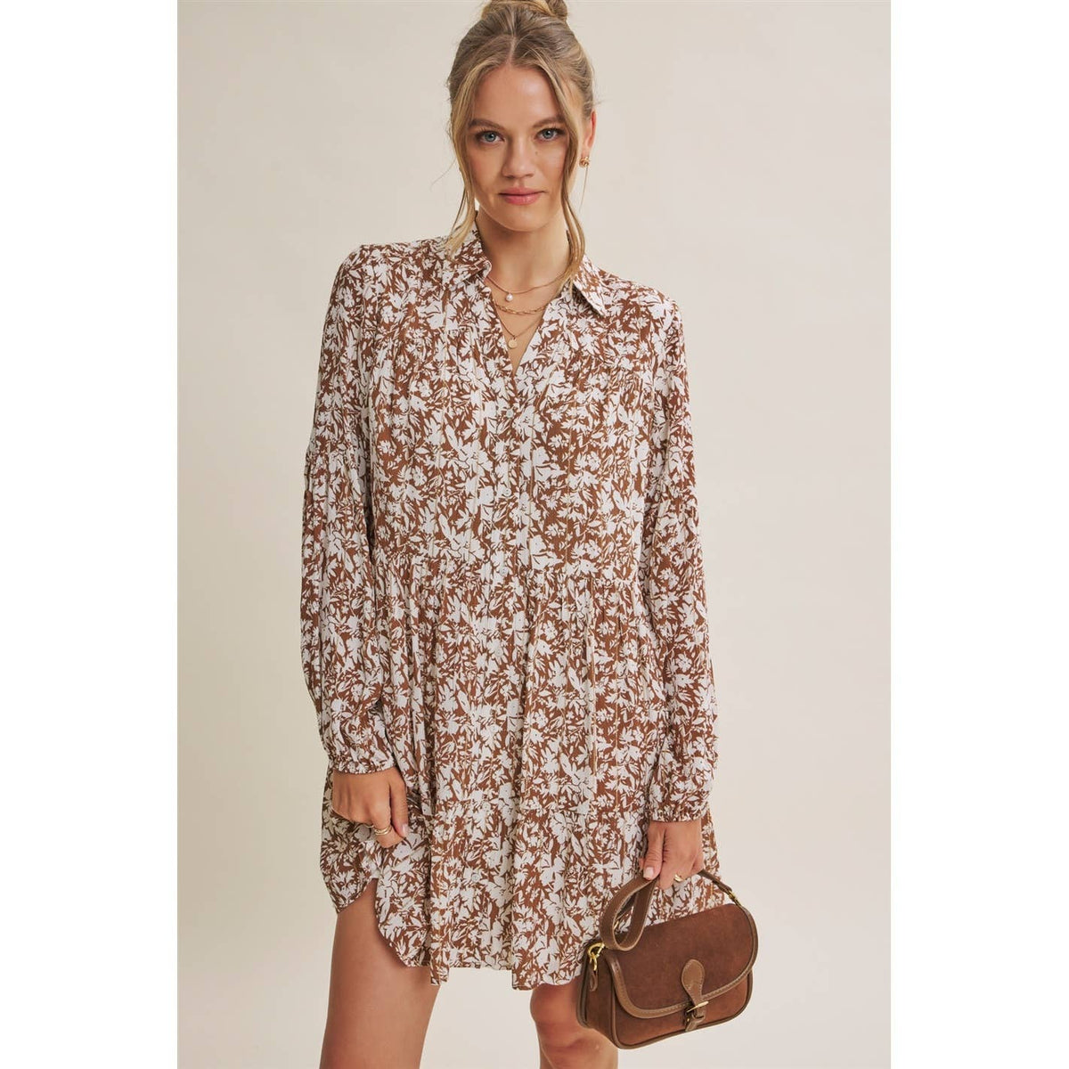 Soft Autumn Floral Button-Down Mini Shift Dress