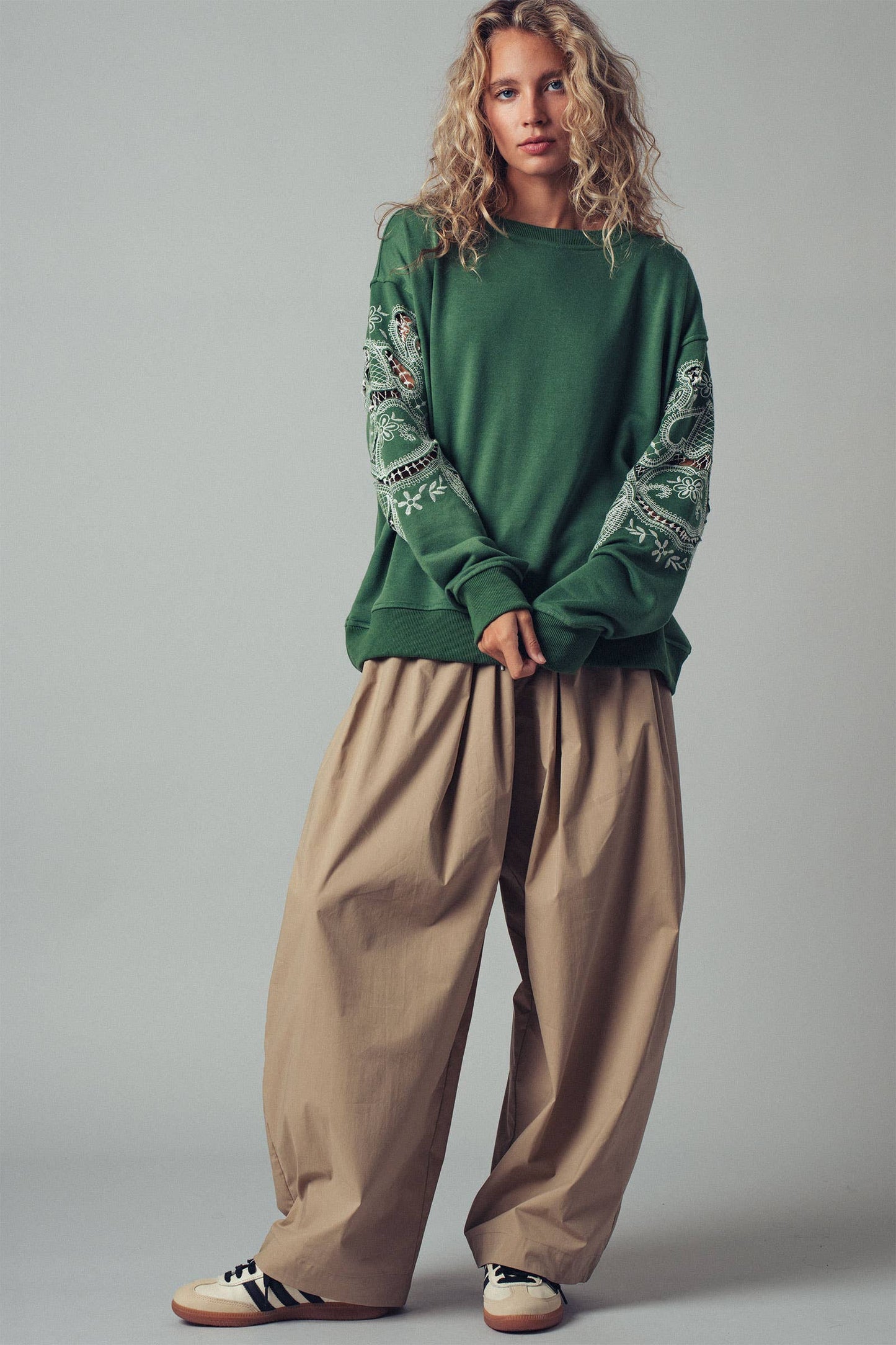 Romantic Lace Embroidered Sleeve Sweatshirt