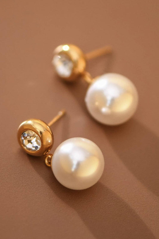 18K Gold Plated Waterproof Pearl and Diamond Drop Earrings