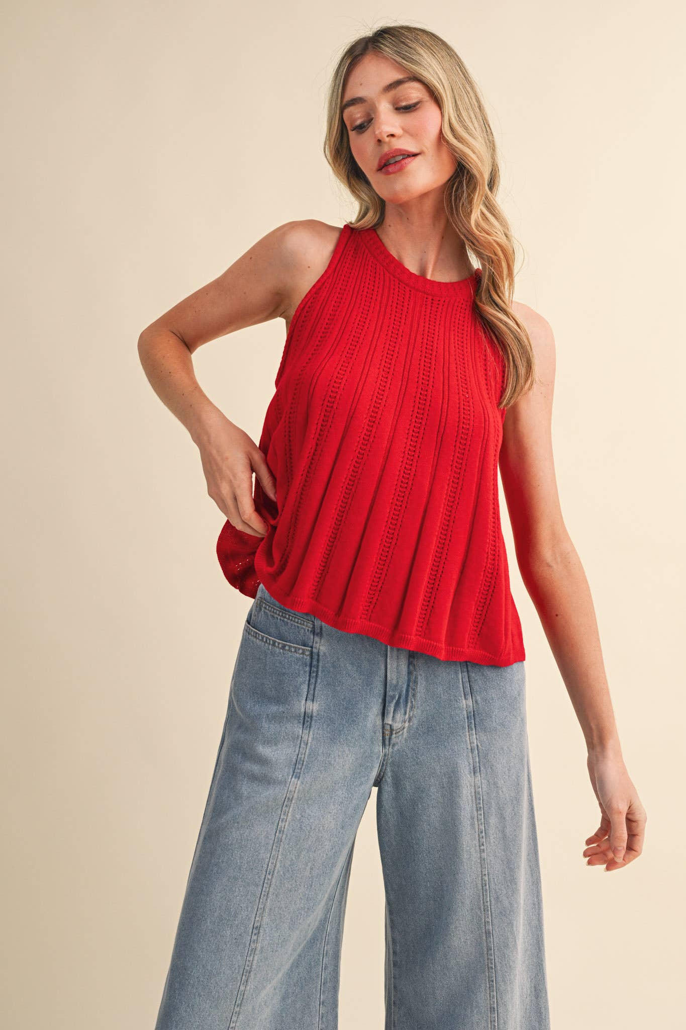 Sleeveless Pointelle Sweater Knit Tank