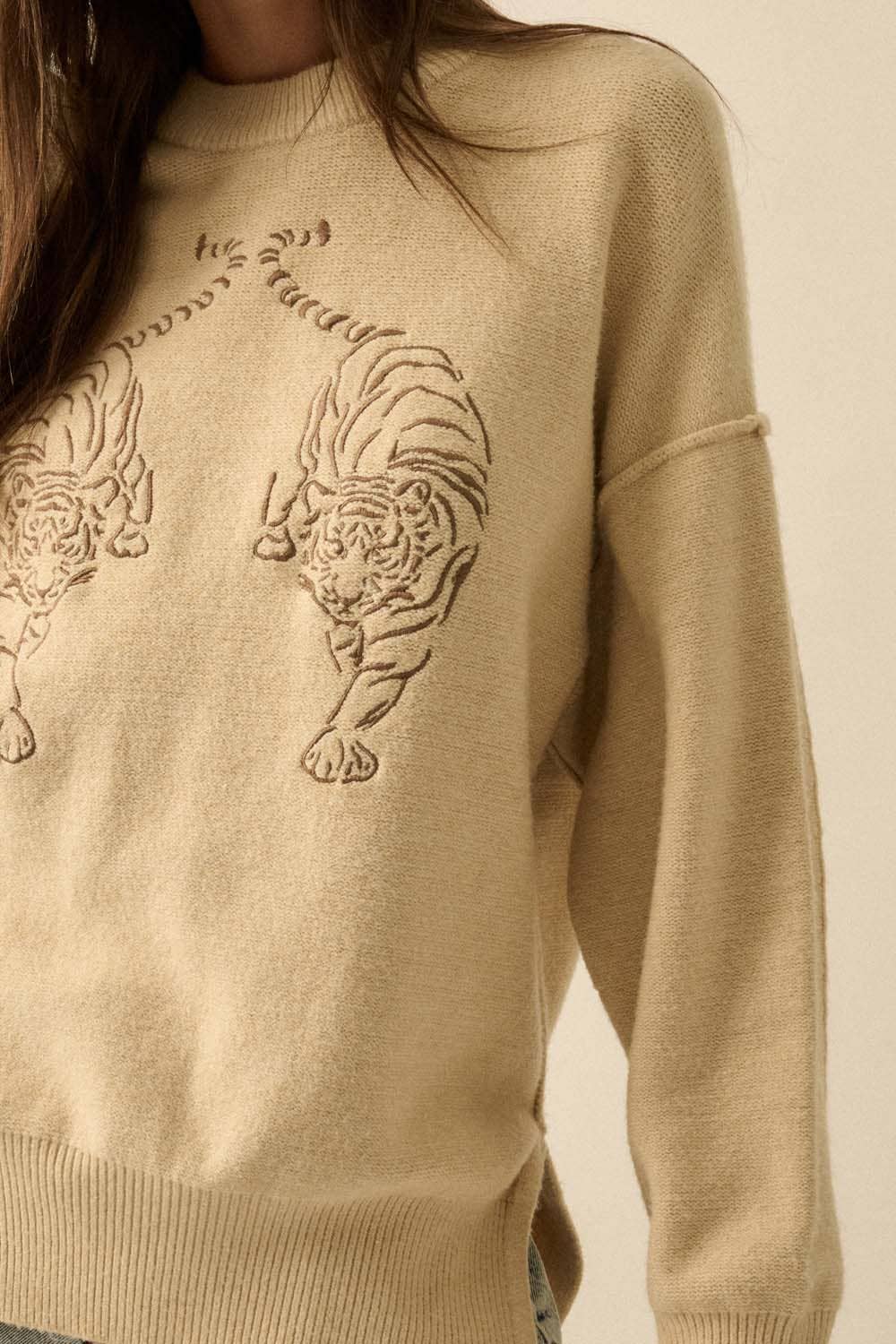 Fierce & Cozy Embroidered Tiger Knit Sweater