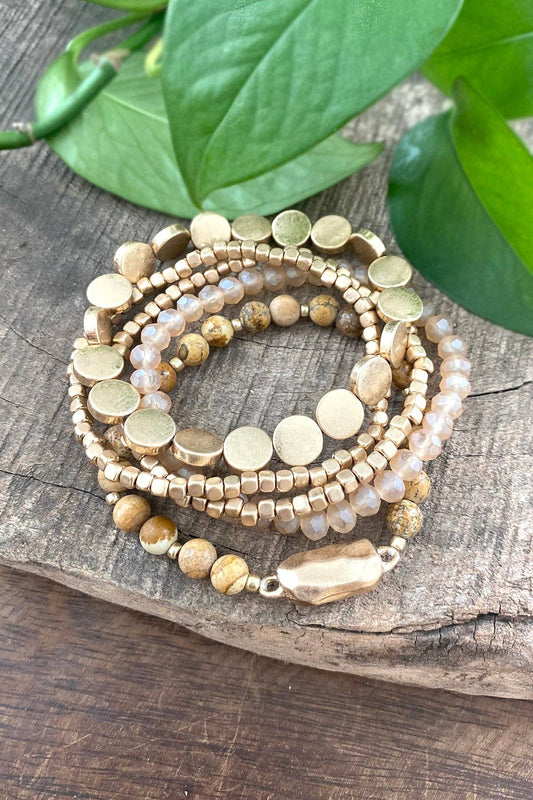 5 piece Boho Beaded Bracelet Stack Semi precious glass beads
