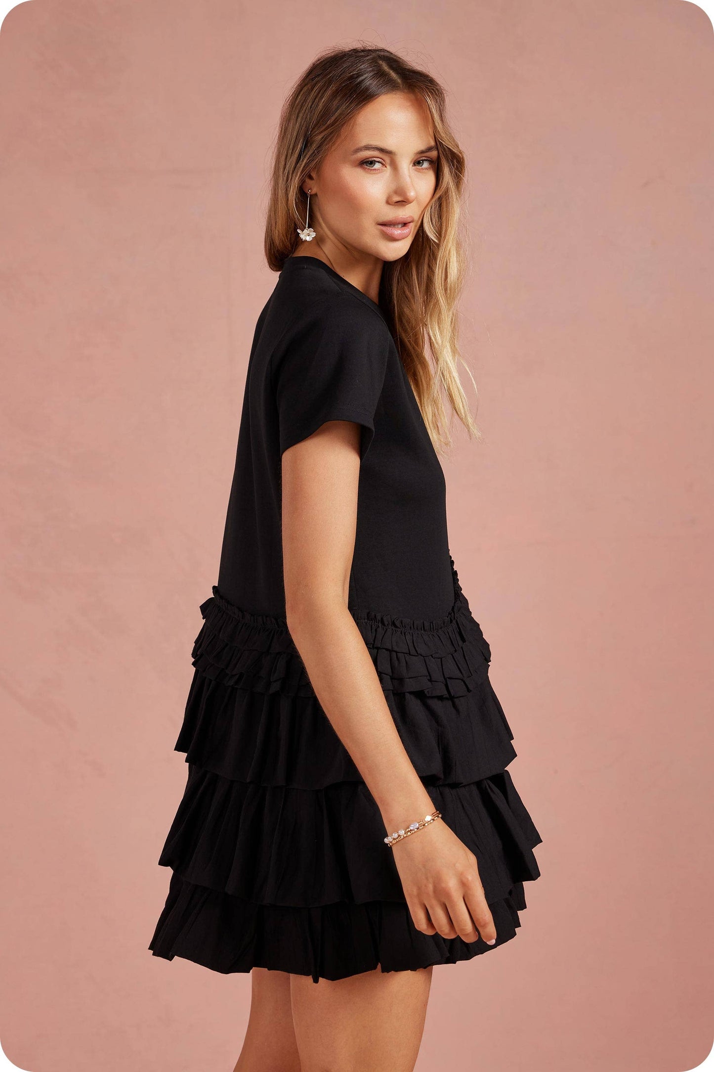 Ruffle Frill Asymmetric Tiered Mixed Media Tee Mini Dress