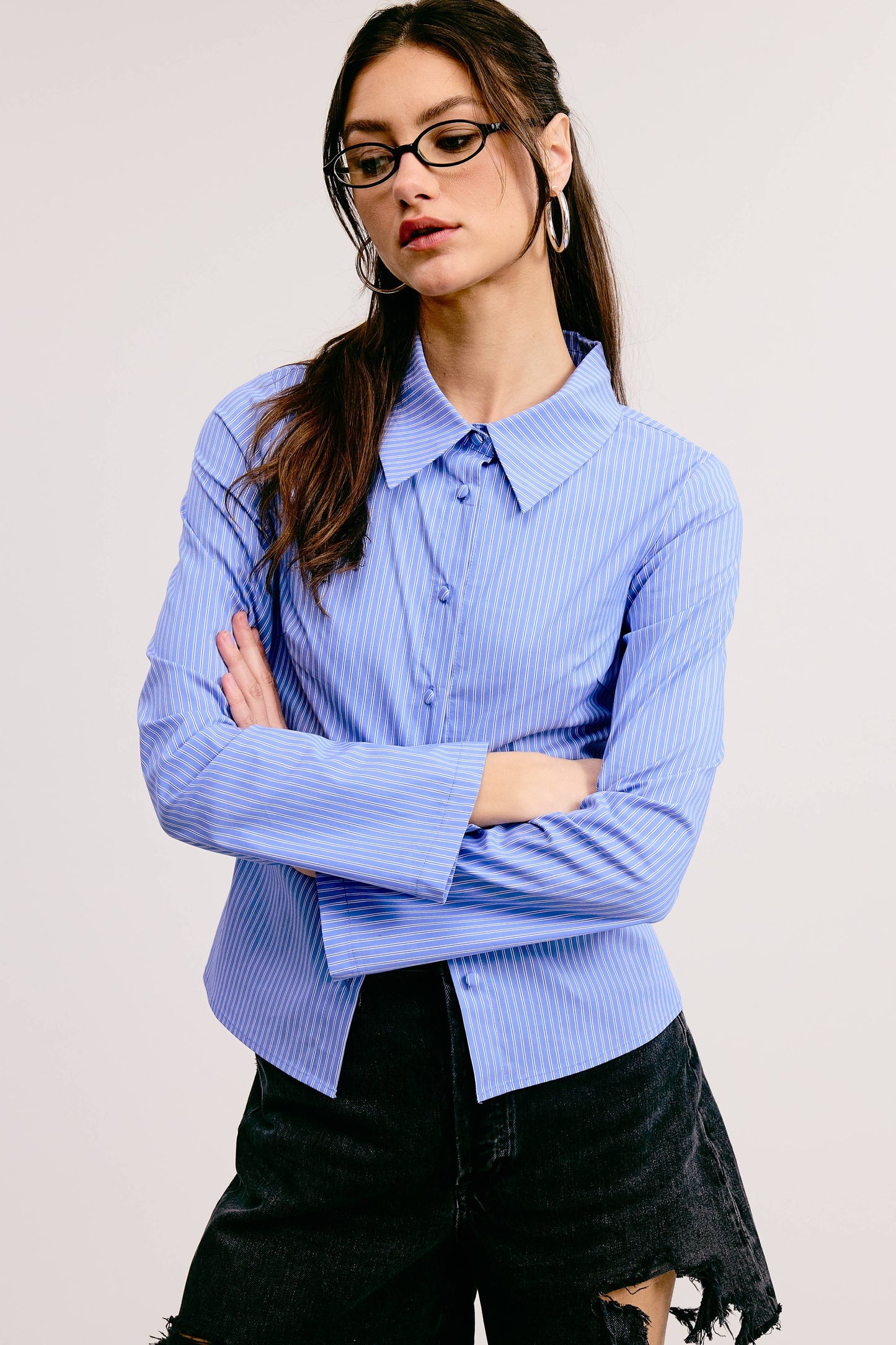 Pinstripe Fitted Button Down Shirt with Flared Sleeves