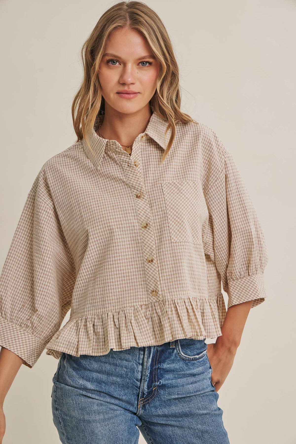Morning Oat Micro Check Ruffle Hem Button-Down Shirt
