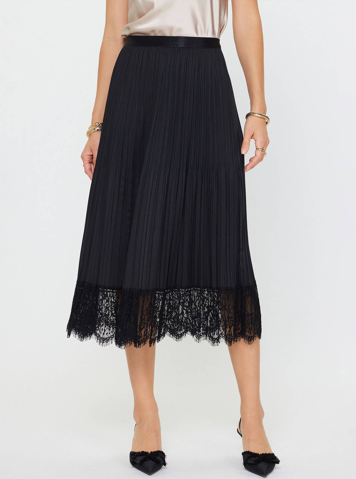 Pleated Midi Skirt W/Lace Trim
