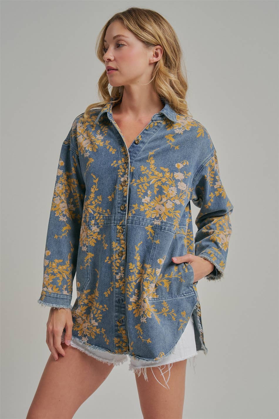 Floral Denim Relaxed Shirt/Jacket with Pockets