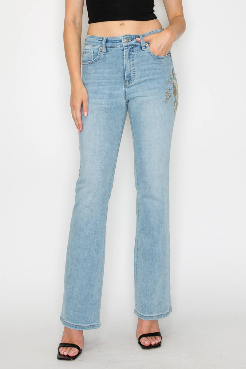 HIGH RISE EMBROIDERED MODERN BOOTCUT JEAN