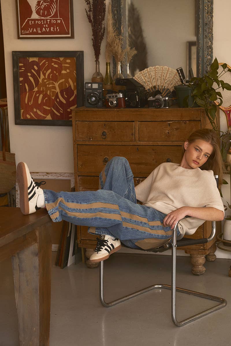 Slouchy Relaxed Wide-Leg Utility Stripe Denim Jeans