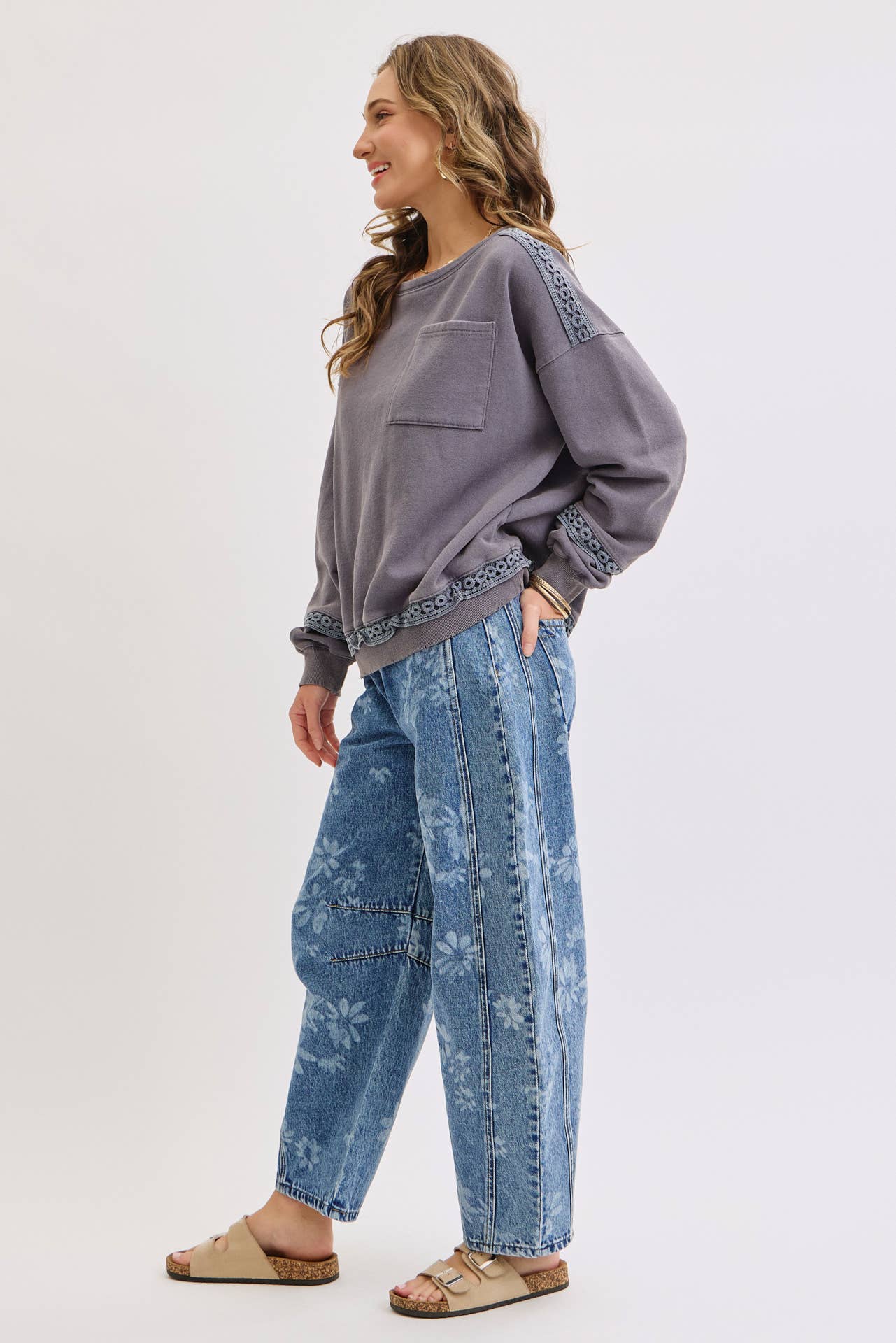 Floral Print Denim Barrell Jeans